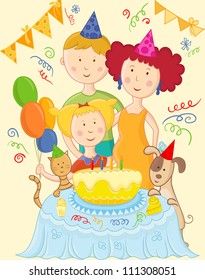 Retro picture of happy family for cute art sweet card, kid boy and girl baby invitation, greeting, birthday, congratulations, children cake, design element, old brochure, gift, banner vector eps 10