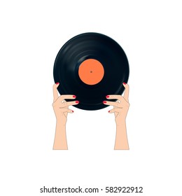Retro picture of woman with vinyl record on blue background