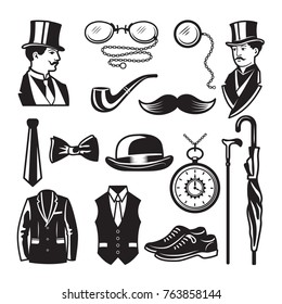 Retro pictures in victorian style. Illustrations for gentleman club labels. Gentleman in victorian english style and fashion, clothing dandy vector