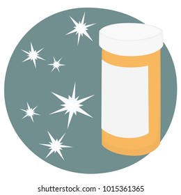 Retro pillbottle on a light blue circle with sparkles.  Transparent background in vector file.