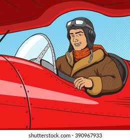 Retro pilot in vintage plane pop art style vector illustration. Human illustration. Comic book style imitation. Vintage retro style. Conceptual illustration