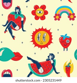 Retro Pin Up Girls Seamless Pattern. Background Wallpaper with summer girls with strawberry and watermelon costume and sun, floower groovie stickers