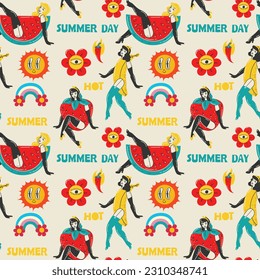 Retro Pin Up Girls Seamless Pattern. Background Wallpaper with summer girls with strawberry, banana and watermelon costume and sun, floower groovie stickers