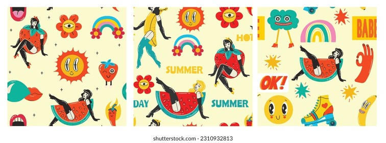 Retro Pin Up Girls Seamless Patterns. Fondo de escritorio con chicas de verano con fresa, banana y sandía disfraz y sol, pegatinas de surovistas de flores