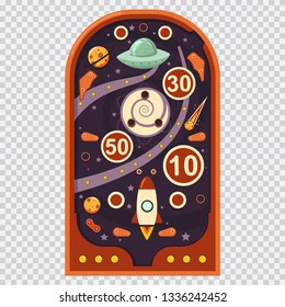 Retro pinball machine with space game. Vector cartoon illustration isolated on a transparent background.