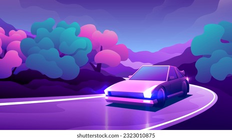 A retro pink car is driving along the road through a colorful forest in the evening.