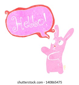 retro pink cartoon bunny saying hello