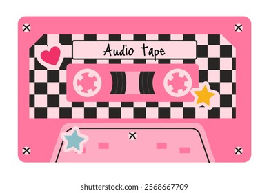 Retro pink cassette tape with a checkered pattern, star, and heart details. Nostalgic design inspired by 80s and 90s vibes, perfect for themes of music, vintage charm, and creative retro aesthetics.