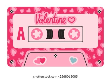 Retro pink cassette tape with heart leopard patterns and word "Valentine." Charming and nostalgic design evoking love and romance, perfect for themes of Valentine's Day, music, and vintage aesthetics.