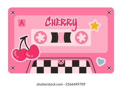 Retro pink cassette tape illustration with cherries, hearts, and stars, evoking a nostalgic 80s vibe. Perfect for Valentine's Day, romantic themes, music projects, or designs with a vintage touch.