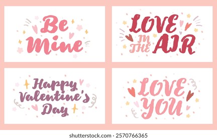 Retro pink color Valentine's Day graphic typography lettering decorative. Hand drawn vintage love short phrase with heart pattern. Crayon drawing handwritten romantic card. Love you Be mine sticker 