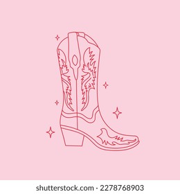 Retro Pink Cowgirl boot on pink background. Cowboy western and wild west theme. Hand drawn vector poster.