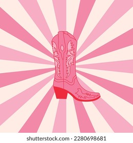 Retro Pink Cowgirl boot on aesthetic spiral ray burst background. Cowboy western and wild west theme. Hand drawn vector design for postcard, t shirt print, poster etc.