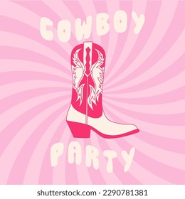 Bota de vaquera rosa retro con adorno sobre fondo estético de rayo espiral. Impresión de la frase de moda de la fiesta de Cowboy. El tema del occidente y el oeste salvaje de los bovinas. Diseño vectorial dibujado a mano.