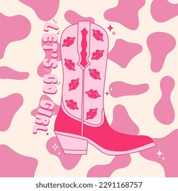 Retro pink cowgirl boot with ornament on cow background. Lets go girl fashion phrase print. Cowboy western and wild west theme. Hand drawn vector design.