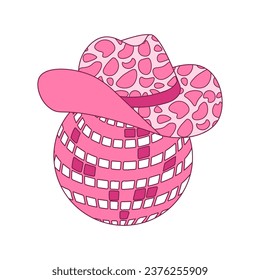 Retro Pink Cowgirl hat with disco ball. Groovy Disco Cowboy western and wild west theme. Vector isolated design for postcard, t-shirt, sticker etc.