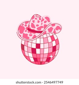 Retro Pink Cowgirl hat with disco ball. Cowboy western and wild west theme. Vector for postcard, t-shirt etc.