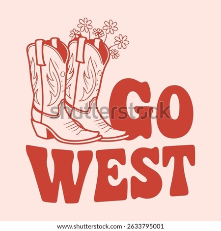 Retro Pink Cowgirl hat with heart go west girls quotes. Cowboy western and wild west theme. Hand drawn vector design for postcard, t-shirt, sticker etc. Hand drawn vector poster.