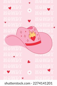 Retro Pink Cowgirl hat. Howdy quotes. Cowboy western and wild west theme. Hand drawn vector poster.