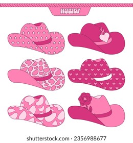 Colección de sombreros Retro Pink Cowgirl con varios patrones de impresión. Los años 60 Howdy Cowboy tema occidental y silvestre. Ilustración del vector plano de contorno dibujado a mano.