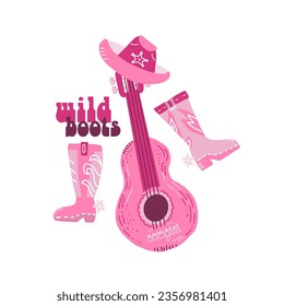 Retro Pink Cowgirl isolated print with grioovu cowboy boots, hat and guitar. Wild boots - vintage quote. Pink Cowboy western and wild west theme. Hand drawn flat vector sticker.