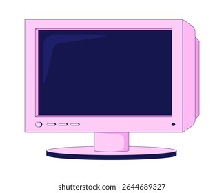 Retro pink CRT monitor front view 2D cartoon object. Desktop display outdated. Y2k hardware. Tech nostalgia. Oldschool technology isolated element flat vector clip art on white. Spot illustration