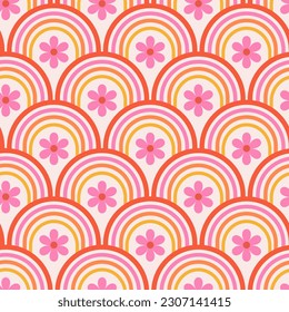 Retro Pink  cute flowers on rainbow shapes seamless pattern. For fabric, wrapping paper, wallpaper and home decor 