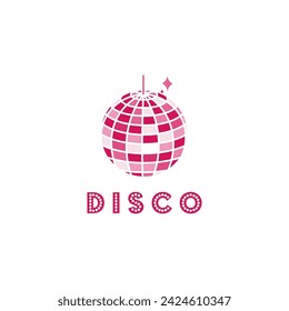 Retro pink disco mirror ball with lettering "disco"