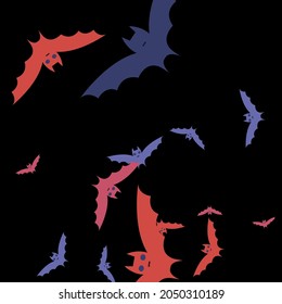 Retro Pink Eyes Colorful Sky Bats Vector Illustration. Spooky Creepy Chaos Attack Halloween Art Illustration. Night Motion Print Black Background. Red Gothic Scary Purple Flying Bats Art Pattern.