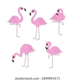 Retro pink flamingo bird vector illustration set isolated on white. Groovy tropical summer Christmas print.