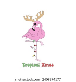 Retro pink flamingo with reindeer horn and garland vector illustration isolated on white. Tropical Xmas phrase. Groovy tropical summer Christmas print.