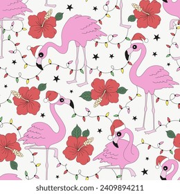 Retro pink flamingo in Santa Claus hat with Xmas ornaments garland and tropic flowers vector seamless pattern. Groovy tropical summer Christmas background.