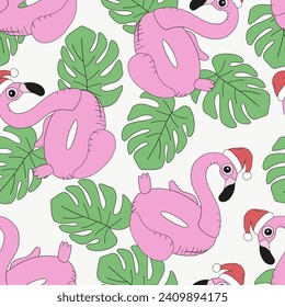 Retro pink flamingo swim ring in Santa Claus hat in palm leaves vector seamless pattern. Groovy tropical summer Christmas background.