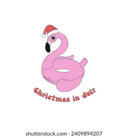 Retro pink flamingo swim ring in Santa Claus hat vector illustration isolated on white. Christmas in July phrase. Groovy tropical summer Christmas print.