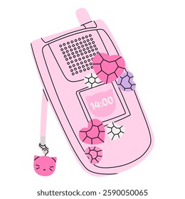 Retro pink flip phone with heart-shaped rhinestone decorations and a cute cat charm. Inspired by Y2K aesthetics. Nostalgic mobile device captures early 2000s fashion, style, and vintage tech trends.