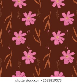 Floral rosa retrô no caramelo quente Brown outono vetor sem emenda padrão
