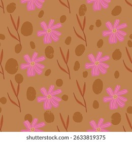 Retro Pink Floral on Warm Caramel Brown Autumn Vector Seamless Pattern