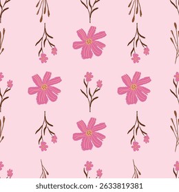 Floral rosa retrô no caramelo quente Brown outono vetor sem emenda padrão