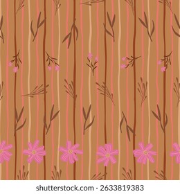 Retro Pink Floral on Warm Caramel Brown Autumn Vector Seamless Pattern