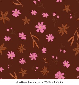 Floral rosa retrô no caramelo quente Brown outono vetor sem emenda padrão