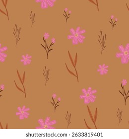 Floral rosa retrô no caramelo quente Brown outono vetor sem emenda padrão