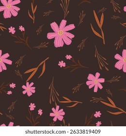 Floral rosa retrô no caramelo quente Brown outono vetor sem emenda padrão