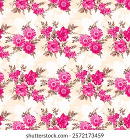 Retro Pink Floral Pattern On Cream Background