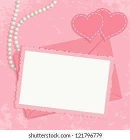 Retro pink framework for invitation or congratulation. Pearls, framework, envelope and hearts on pink grunge background. You can use frame for your text or photo