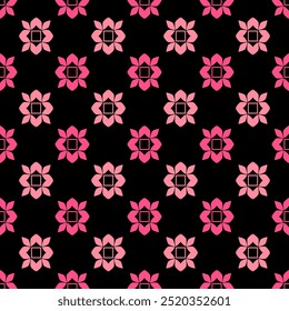 Retro Pink Geometric Flowers on Black Background. Seamless Pattern Vector. Design for wrapping, silk, scarf, background, textile, carpet, rug, texture, hand-draw.