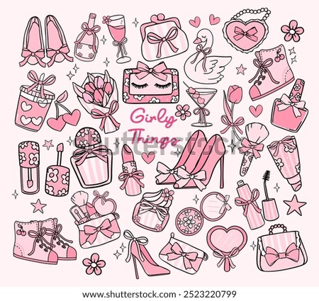 Retro Pink Girly Things Preppy Coquette stuff Aesthetic doodle hand drawing set