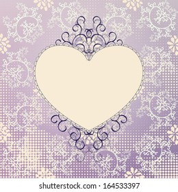 Retro pink heart with lace-like outline and elegant ringlets on refined girlish lilac background with flowers, curls and geometric dots