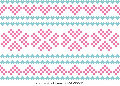 Retro pink heart pattern with blue mosaic embroidery-style lines on white background for romantic designs, Valentine's Day decorations, handmade projects, and love-themed graphic art creations.