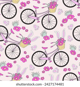 Bicicleta de señora rosa retro con cesta de flores entre orejas de conejito de Pascua y patas vector patrón sin fisuras. Dibujado a mano lineal feliz vacaciones de Pascua de primavera de fondo floral. 