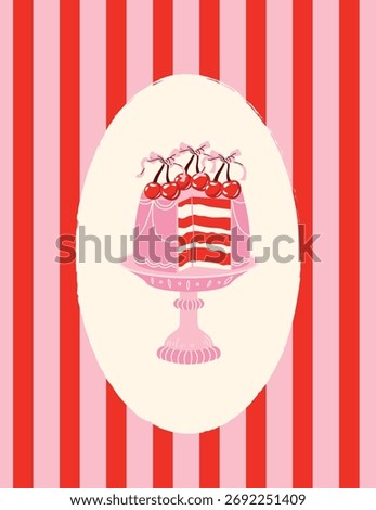 Retro Pink Layer Cake Cherries Dessert Red Striped Background Vector